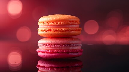 Wall Mural - A stack of tropical sunset macarons on a reflective black surface, with vivid gradients of coral, pink, and orange. Dramatic,