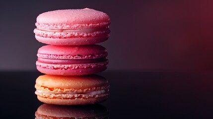 Wall Mural - A stack of tropical sunset macarons on a reflective black surface, with vivid gradients of coral, pink, and orange. Dramatic,