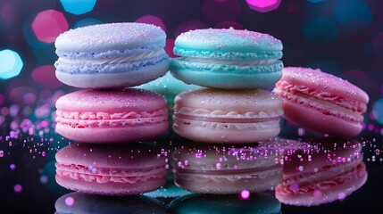 Wall Mural - A stack of unicorn magic macarons on a reflective black surface, with vivid sparkling pastel colors of baby pink, lavender, mint green, and sky blue, adorned with edible glitter. Dramatic,