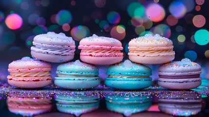 Wall Mural - A stack of unicorn magic macarons on a reflective black surface, with vivid sparkling pastel colors of baby pink, lavender, mint green, and sky blue, adorned with edible glitter. Dramatic,