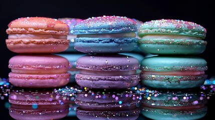 Wall Mural - A stack of unicorn magic macarons on a reflective black surface, with vivid sparkling pastel colors of baby pink, lavender, mint green, and sky blue, adorned with edible glitter. Dramatic,