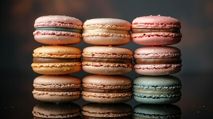 Wall Mural - A stack of vintage charm macarons on a reflective black surface, with vivid muted tones of dusty rose, antique gold, and sage. Dramatic,