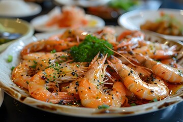 Wall Mural - Delicious Plate of Seasoned Shrimp Garnished with Fresh Herbs