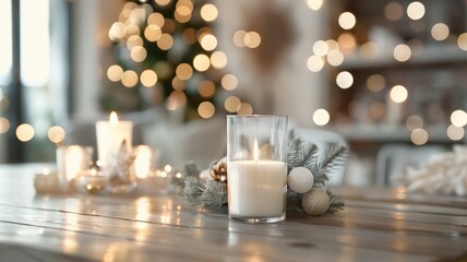 Poster - A table with a candle in a glass and a Christmas tree in the background. The candle is lit and the tree is decorated with lights. The scene is cozy and festive, creating a warm and inviting atmosphere