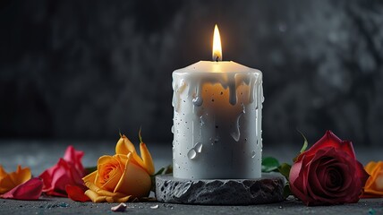 Free Photo white candle new a rose flower on stone panoramic background.