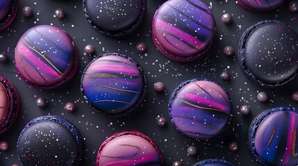 Wall Mural - A top-down view of galaxy macarons arranged in a spiral pattern, featuring navy, purple, and black hues with silver specks.