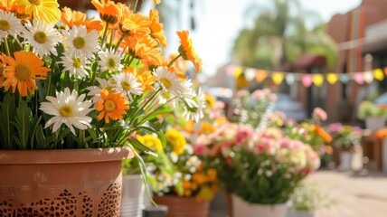 Aufkleber - A row of potted flowers with a mix of orange and white flowers. The flowers are arranged in a way that creates a sense of harmony and balance. The scene is set in a city street