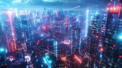Wall Mural - futuristic cyberpunk cityscape with glowing cable webs visualizing the concept of high-speed internet connection, sending digital data at lightning-fast speeds