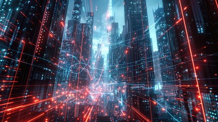 Wall Mural - high-speed internet connection conceptualized as glowing cable webs crisscrossing a futuristic cyberpunk cityscape with towering skyscrapers, in a stunning digital art 3D illustration