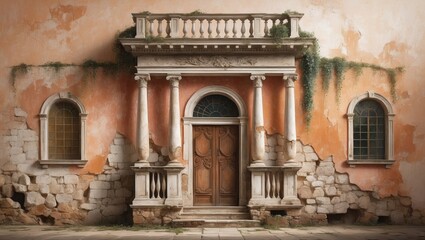 Poster - A weathered peach wall with an ornate wooden doorway and stone accents