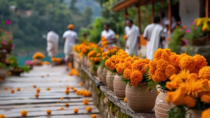 Poster - A group of people are walking down a path with a row of orange flowers in vases. Scene is peaceful and serene, as the flowers and the people seem to be enjoying the natural beauty of the surroundings