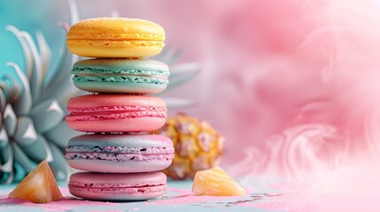 Wall Mural - A tropical paradise macaron pyramid, with each macaron layer representing a different bright color of pineapple yellow, flamingo pink, and palm green. The background is a soft pastel gradient,