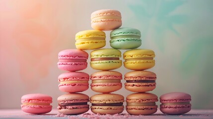 Wall Mural - A tropical paradise macaron pyramid, with each macaron layer representing a different bright color of pineapple yellow, flamingo pink, and palm green. The background is a soft pastel gradient,
