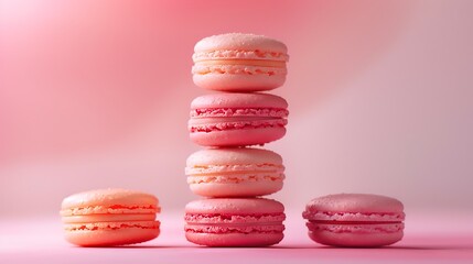 Wall Mural - A tropical sunset macaron pyramid, with each macaron layer representing a different gradient of coral, pink, and orange. The background is a soft pastel gradient,