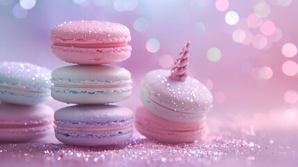 Wall Mural - A unicorn magic macaron pyramid, with each macaron layer representing a different sparkling pastel color of baby pink, lavender, mint green, and sky blue, adorned with edible glitter.