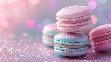 Wall Mural - A unicorn magic macaron pyramid, with each macaron layer representing a different sparkling pastel color of baby pink, lavender, mint green, and sky blue, adorned with edible glitter.