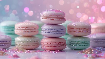 Wall Mural - A unicorn magic macaron pyramid, with each macaron layer representing a different sparkling pastel color of baby pink, lavender, mint green, and sky blue, adorned with edible glitter.