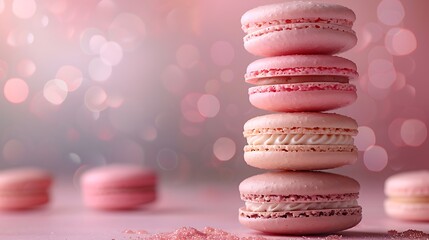 Wall Mural - A vintage charm macaron pyramid, with each macaron layer representing a different muted tone of dusty rose, antique gold, and sage. The background is a soft pastel gradient,