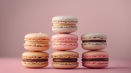 Wall Mural - A vintage charm macaron pyramid, with each macaron layer representing a different muted tone of dusty rose, antique gold, and sage. The background is a soft pastel gradient,