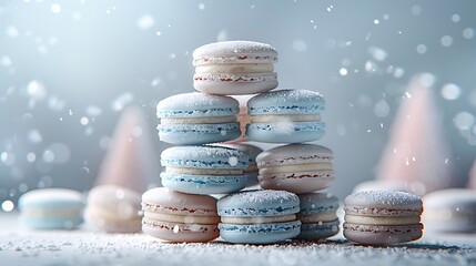 Wall Mural - A winter wonderland macaron pyramid, with each macaron layer representing a different cool color of icy blue, silver, and snowy white. The background is a soft pastel gradient,
