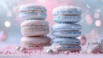 Wall Mural - A winter wonderland macaron pyramid, with each macaron layer representing a different cool color of icy blue, silver, and snowy white. The background is a soft pastel gradient,