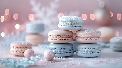 Wall Mural - A winter wonderland macaron pyramid, with each macaron layer representing a different cool color of icy blue, silver, and snowy white. The background is a soft pastel gradient,