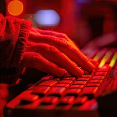 Poster - Red-lit hands typing on a keyboard. AI.