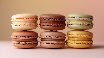 Wall Mural - An earthy elegance macaron pyramid, with each macaron layer representing a different warm tone of terracotta, sage green, and mustard yellow. The background is a soft pastel gradient,