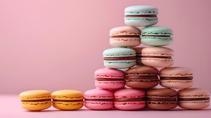Wall Mural - An ice cream parlor macaron pyramid, with each macaron layer representing a different fun color like bubblegum pink, mint green, and chocolate brown. The background is a soft pastel gradient,