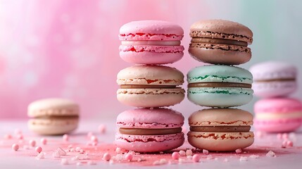 Wall Mural - An ice cream parlor macaron pyramid, with each macaron layer representing a different fun color like bubblegum pink, mint green, and chocolate brown. The background is a soft pastel gradient,