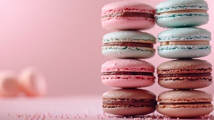 Wall Mural - An ice cream parlor macaron pyramid, with each macaron layer representing a different fun color like bubblegum pink, mint green, and chocolate brown. The background is a soft pastel gradient,