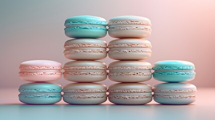 Wall Mural - An ocean waves macaron pyramid, with each macaron layer representing a different shade of aqua blue, teal, and sandy beige. The background is a soft pastel gradient,