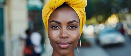 Sticker - Portrait of a young African woman wearing a yellow headscarf. AI.