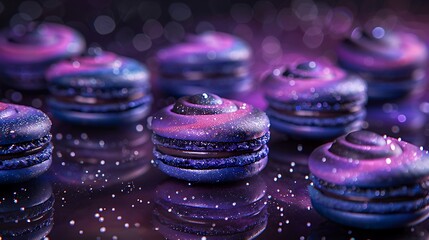 Wall Mural - Galaxy macarons arranged in a circular pattern on a glass table, with vibrant swirls of navy, purple, and black, adorned with silver specks. The background is a blurred space scene,