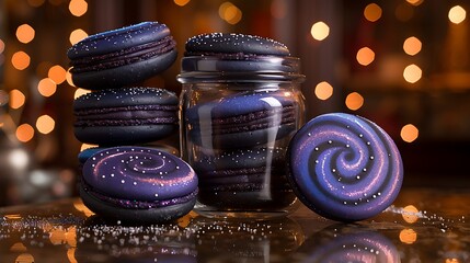 Wall Mural - Galaxy macarons in a glass jar, with visible swirls of navy, purple, and black, adorned with silver specks. Set against a soft-focus background of a kitchen, with warm,