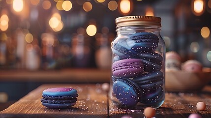 Wall Mural - Galaxy macarons in a glass jar, with visible swirls of navy, purple, and black, adorned with silver specks. Set against a soft-focus background of a kitchen, with warm,