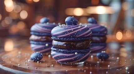 Wall Mural - Galaxy macarons in a glass jar, with visible swirls of navy, purple, and black, adorned with silver specks. Set against a soft-focus background of a kitchen, with warm,