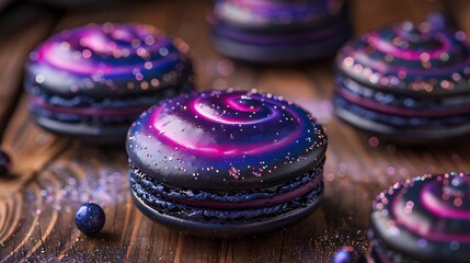 Wall Mural - Galaxy macarons on a rustic wooden table, with vibrant swirls of navy, purple, and black, adorned with silver specks.
