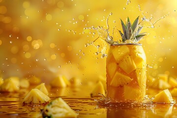 Wall Mural - Refreshing Pineapple Splash with Vibrant Yellow Background