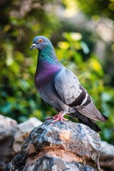 Poster - A pigeon is sitting on the top of a rock, looking around
