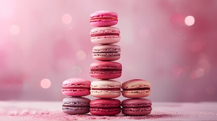 Wall Mural - A berry delight macaron pyramid, with each macaron layer representing a different rich tone of raspberry red, blueberry blue, and blackberry purple. The background is a soft pastel gradient,