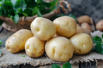 Wall Mural - Freshly Harvested Potatoes on Burlap with Greenery in the Background