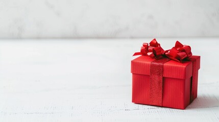 Poster - Red Christmas gift box on white table with copy space