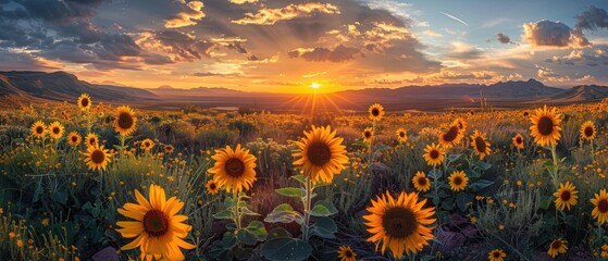 Majestic Desert Sunset with Vibrant Sunflowers and Cacti - A Colorful Oasis under the Sun