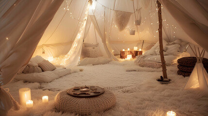 Wall Mural - A cozy, warm and inviting space with a white tent, a white bed