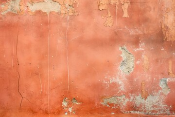 Poster - Old orange wall with cracks and peeling paint. Faded texture background with concrete beneath. Urban decay, distressed look, worn out surface. Perfect for retro or vintage design projects.