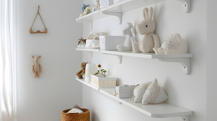 Wall Mural - A white wall with three shelves and a few teddy bears on them