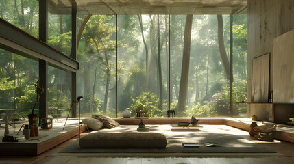 Wall Mural - A large, empty room with a view of trees outside