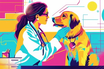 Poster - Colorful illustration of a veterinarian examining a dog in a futuristic veterinary clinic. Modern veterinary medicine and animal healthcare.