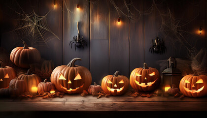 halloween pumpkins with glowing eyes, spiders, horror stories and more on a wooden background